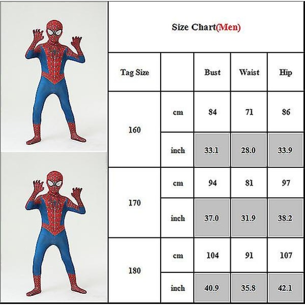 Lapset Pojat Miehet Spiderman Superhero Cosplay -asu Haalari + naamioasusetti Halloween Party W 180(Men)