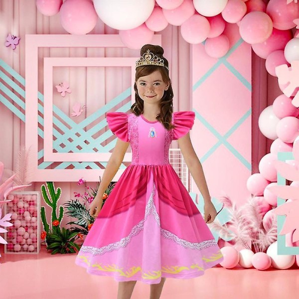 Peach Princess Cosplay Dress Girl Game Rollespil kostume 130cm