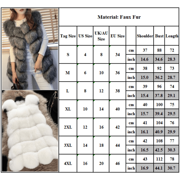 Kvinnors faux päls sömmar väst kort västrock ärmlös jacka ljusgrå 4XL