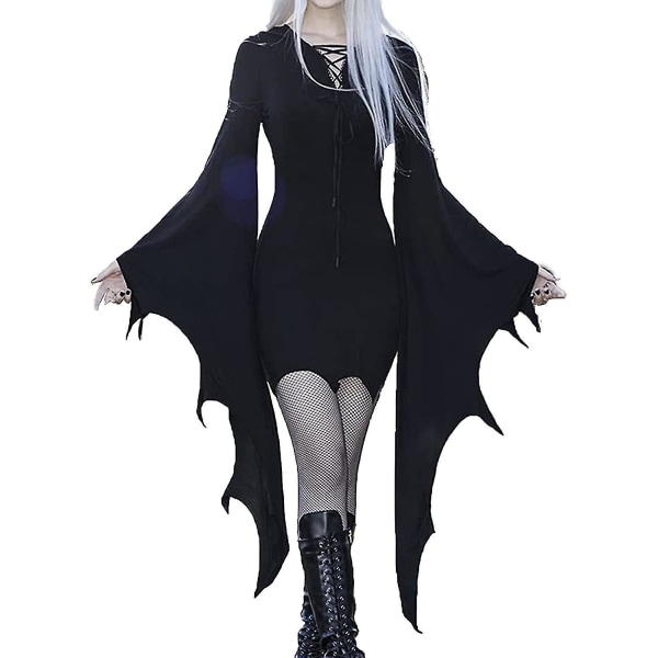 Gotisk tøj Kvinder flagermus ærmekjoler Halloween kostume Sort Steampunk Mini kjole Vampyr Cosplay Hekse kostume XXL