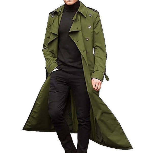 Mænd lang trenchcoat revers overfrakke Casual jakke Almindelig overtøj Toppe green S