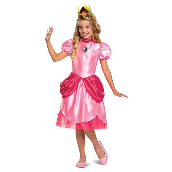 Super Mario Princess Peach Cosplay Cosplay Rosa prinsessekjole med krone for barn Jenter kle seg til Halloween-bursdagsfest 9-10 Years