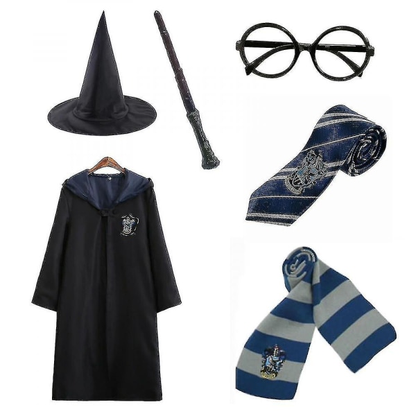 Harry Potter 6-delt sett med magisk trollmannkappe, kostyme - blå blue 135cm (7-8 years)