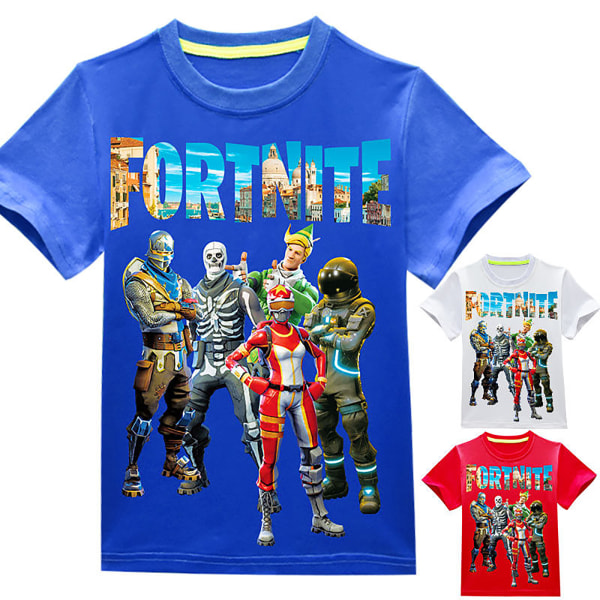 Kid Fortnite Print kortärmad tecknad sommar Casual T-shirt blue 160cm