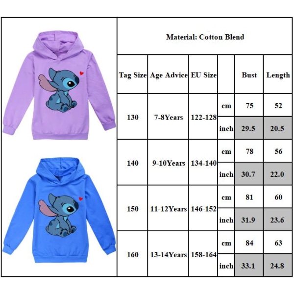 Børne Lilo Stitch Pocket Hættetrøjer Jumper Top Pullover Sweatshirt Z Dark Blue 160cm