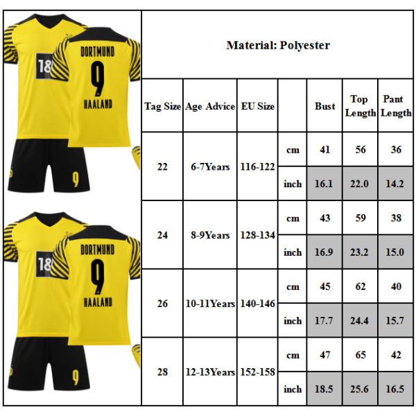 Ny Dort Nr. 9 Harland Jersey dragt med sokker fodbold Fersey 12-13Y