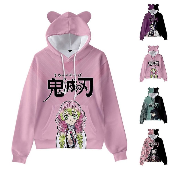 Unisex Demon Slayer -kuvioinen huppari Casual Pullover Cat Ear -huppari Topit Pink 3XL