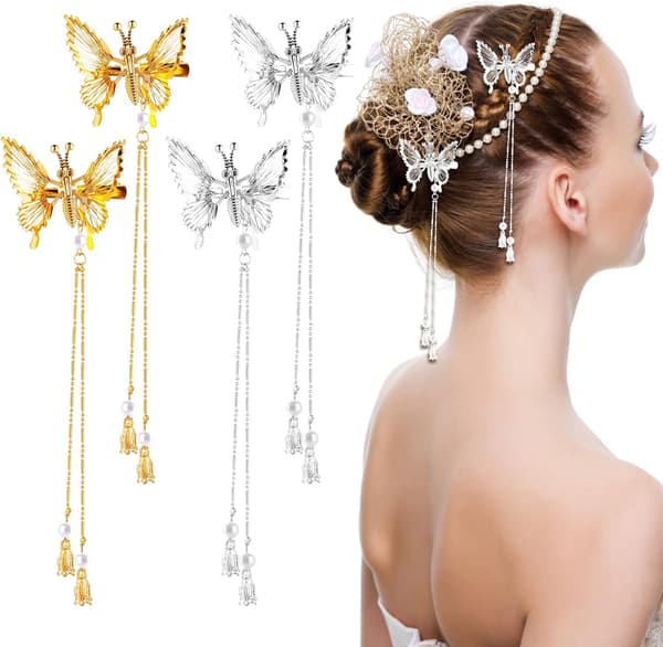 4 stk. (guld + sølv) sommerfuglehårklemmer, legering glitter B