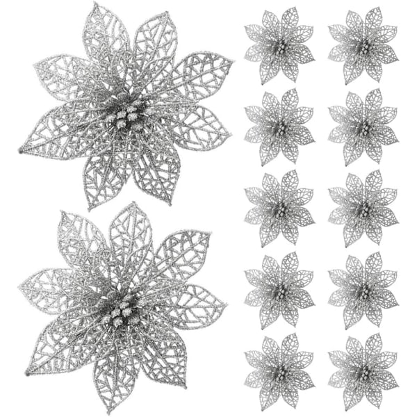 Silverfärgad förpackning med 8 konstgjorda glitterjulstjärnor