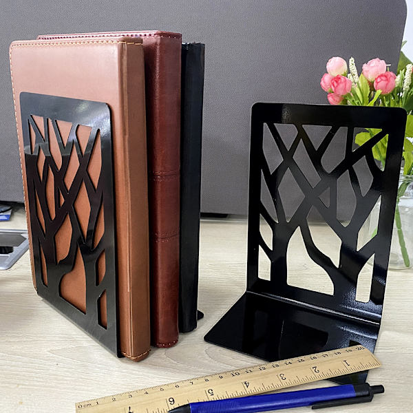 Set med 2 svarta (träd) metallbokstöd Press Wedge Book Block Desi