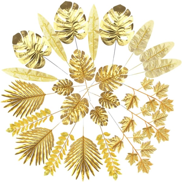 24 st Guld konstgjorda blad 8 sorters guld palmblad Tropiska P