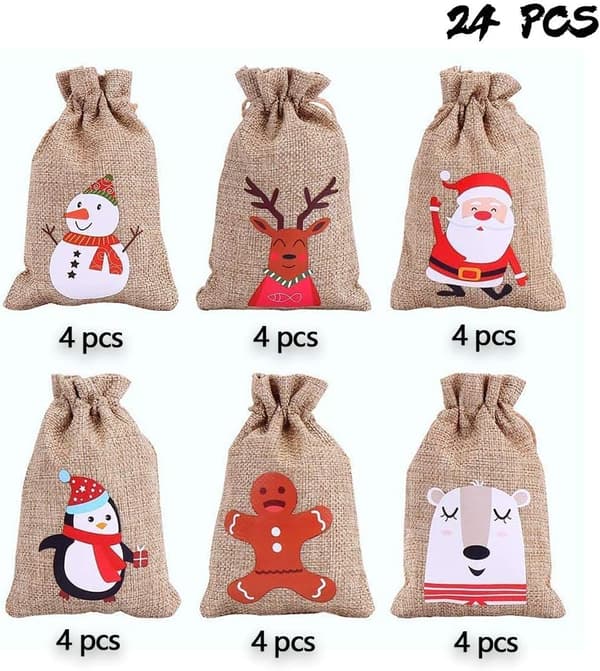 24-pack små julburlap-presentpåsar med dragsko, godis C