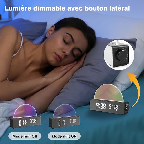 Lysende Vekkerklokke 10 Fargemoduser, LED Digital Klokke med Dato/T
