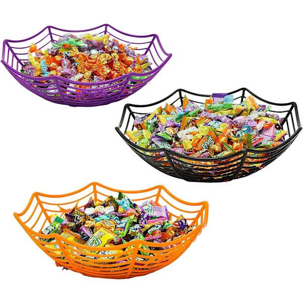 Sæt med 3 store plastikkurve med Halloween-edderkoppespind, Trick O
