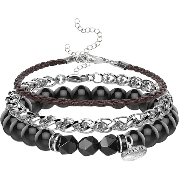 Mens Bracelets Set Black Beaded Bracelet Stainless Steel Chain Br