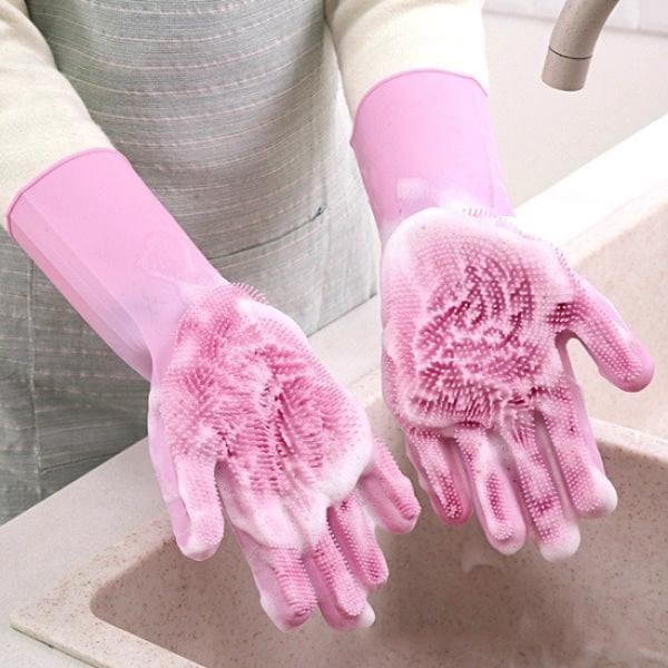 Vaskehansker Silikon oppvaskhansker med Scrub Multicolour