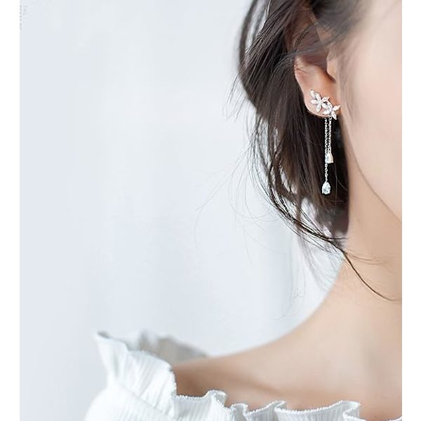 925 Sterling Sølv CZ Blomster Dangle Øreringe Kæde til Kvinder Tee
