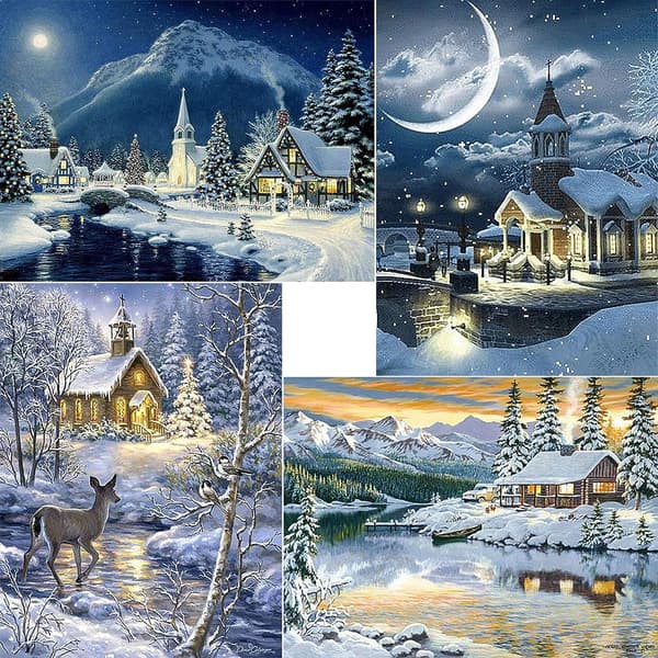 4 stk. Diamantmaleri Jul, Vinterlandskap Jul D