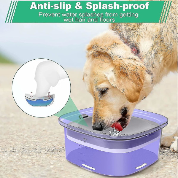 Lila, 2 liters hundvattenskål, stor kapacitet mot spill för hund