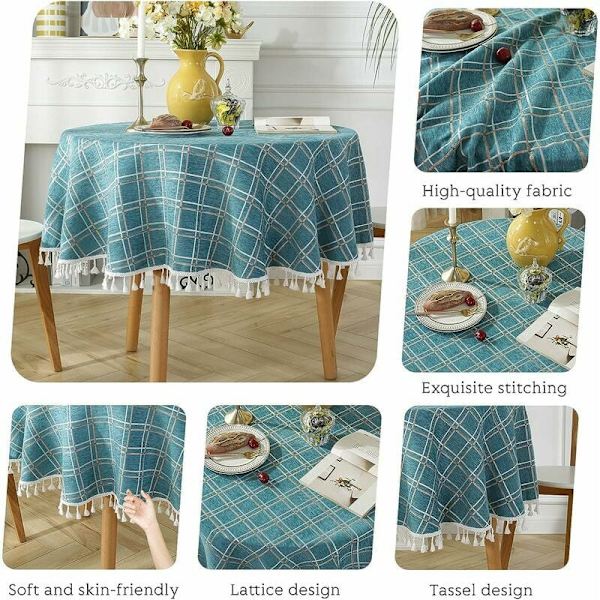 90x90cm Rund bomulds- og linneddug Pletbestandig frynset