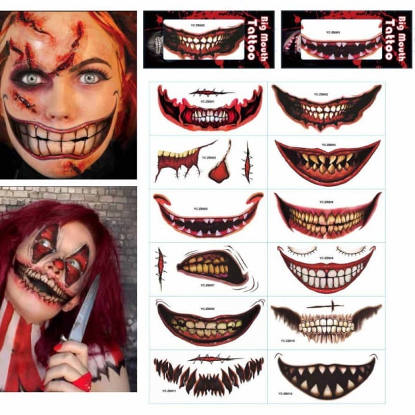 12 kpl Halloween-suun tatuointi tarrat pelottavat huulet DIY-koristelu