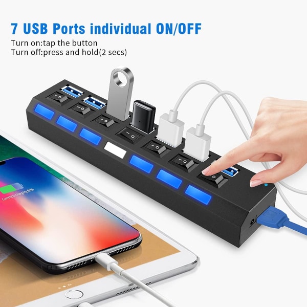 Multiport USB-splitter, 7-port USB 3.0-hub, USB A-datahub med I