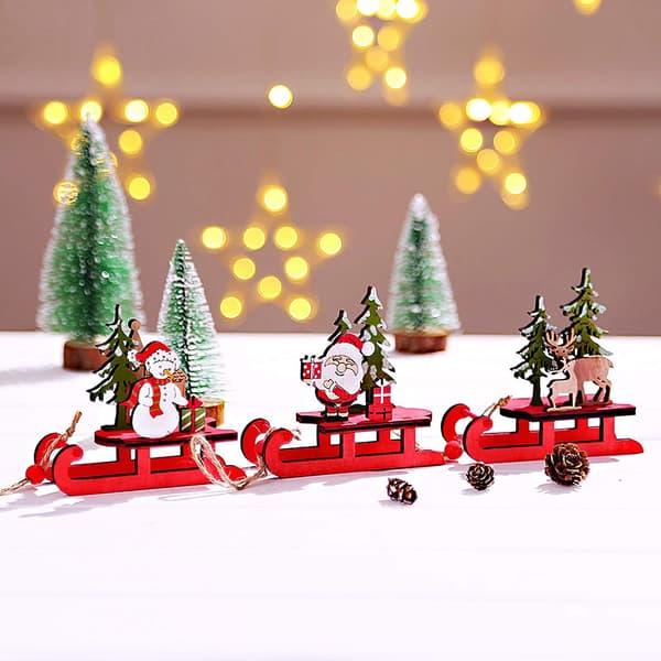 3 st träjuldekorationer jul släde, trätomte C