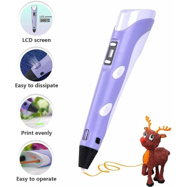 1 stk. Lilla 3D-printpen - ABS og PLA-kompatibel 3D-printpen