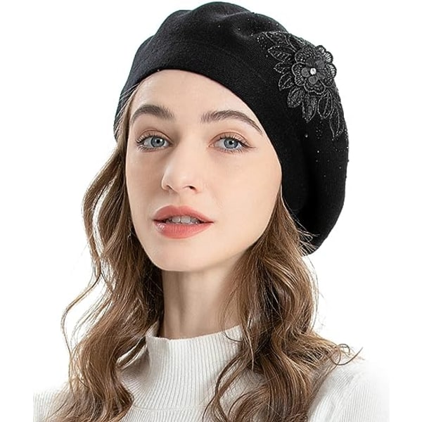 1 stk. Sort Uldstrik Cashmere Beret Fashionable Varm Maler