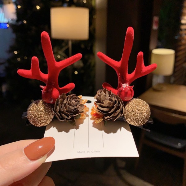 Pair of Red Gold Ball Pine Antlers Christmas Antler Headbands Hai