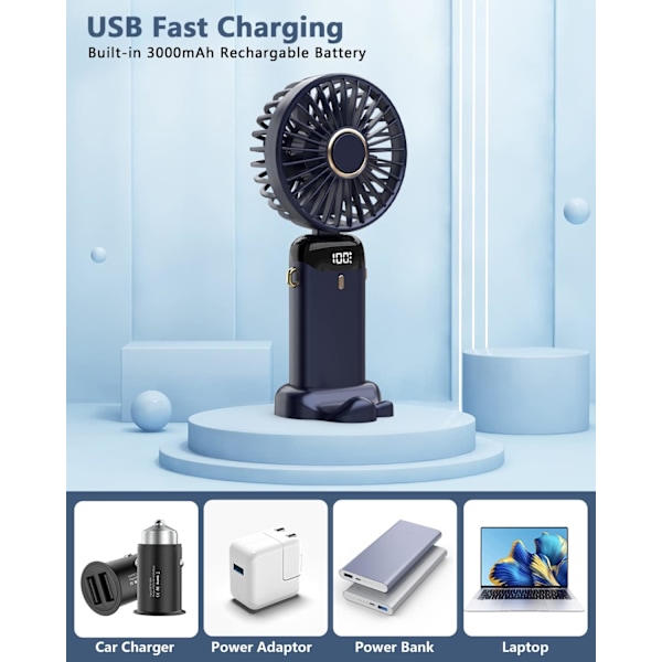 Mini bærbar USB-bordventilator Lille bordventilator, 5 hastigheder, 3000mAh USB