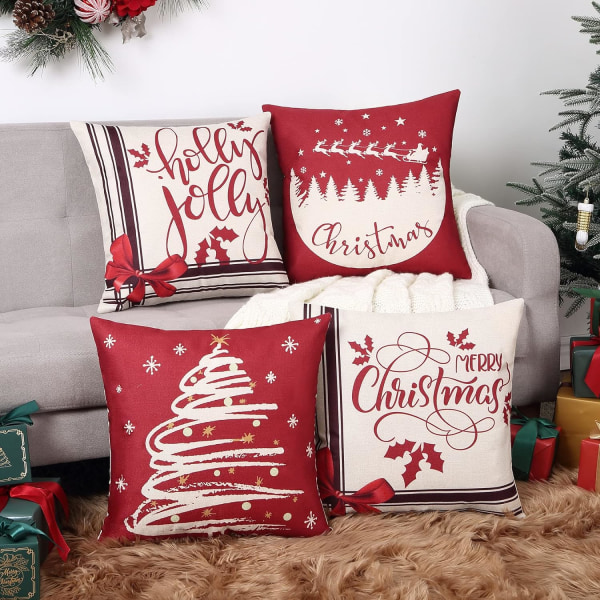 18 x 18 Inch Bow Tie Christmas Cushion Cover, Faux Linen Red Deco