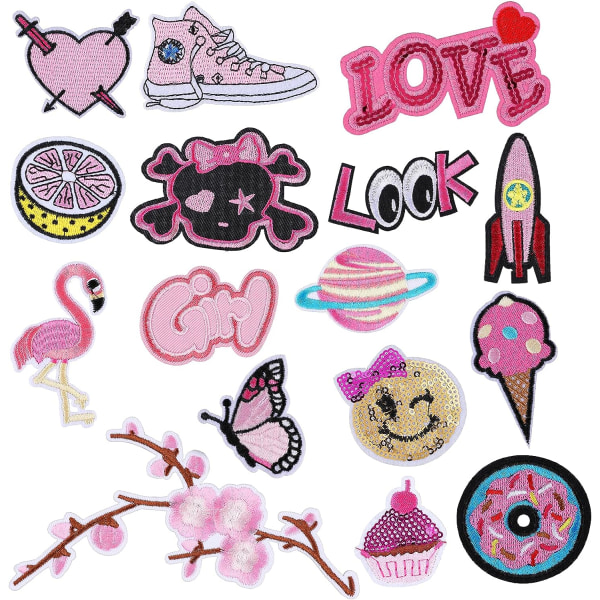 16 Stk Pink Tema Strygemærker Sæt, Sommerfugl Flamingo Design