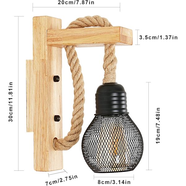 Vintage Industriell Vägglampa, Rustik Trävägglampa, Svart Me