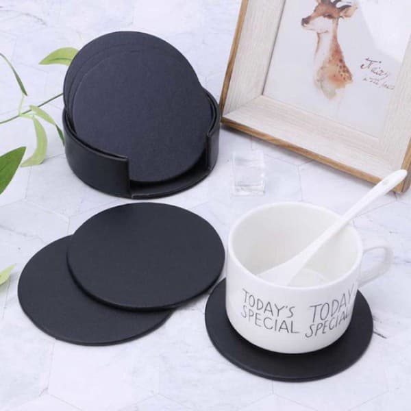 12-pak reversible coasters i sort PU-læder med sort holder