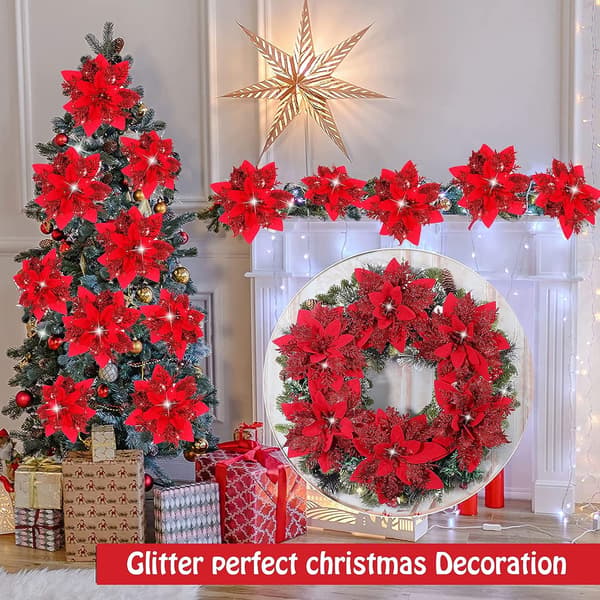 20 stk juledekorasjon, kunstig juleblomst, glitter