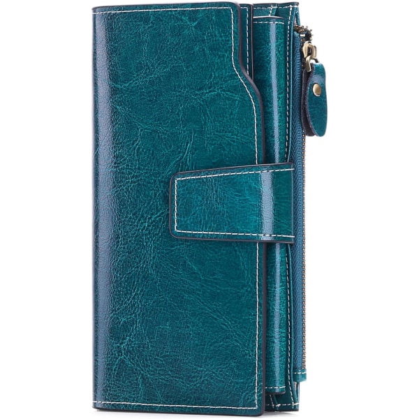Påfuglblå, lommebok dameskinn, lommebok med stor kapasitet for kvinner