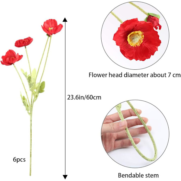 6 stk. kunstige røde valmuer buket kunstige silkeblomster f