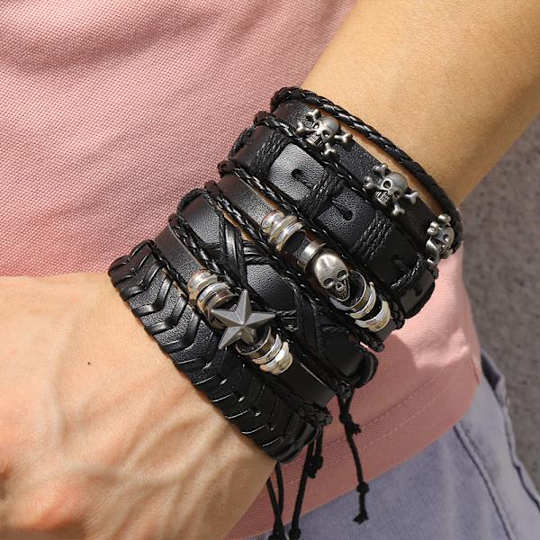 6 st svartbrunt läderarmband flätat brett armband dam herr P