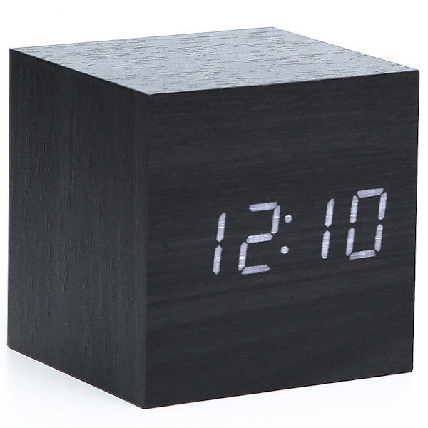 Svart 6x6x6cm, Trä Elektronisk Digital Väckarklocka, Bordsur