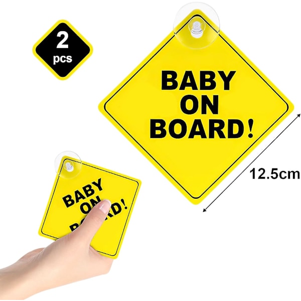 Sæt med 2 aftagelige advarselsskilte \"Baby on Board\" med sugekop