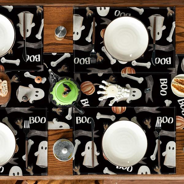 Sæt med 4 dækkeservietter 30 x 45 cm til Halloween, vaskbare, til ki