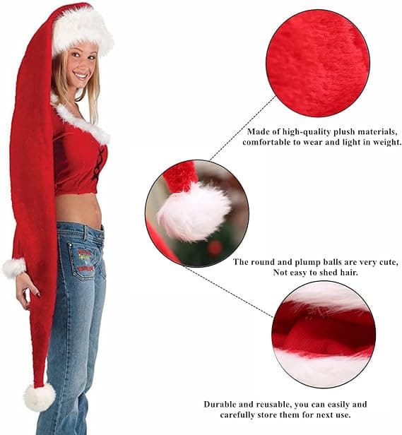 (One Size Fits All) Extra lång röd tomteluva, överlängd plysch