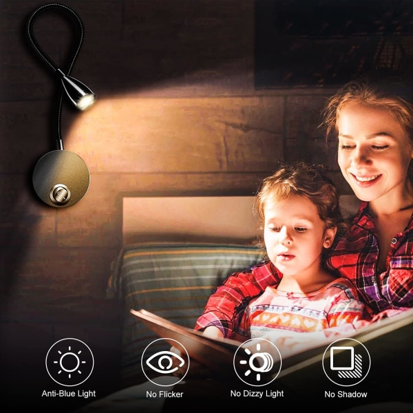 LED-leselampe, 360° roterende nattbordslampe, varm hvit farge