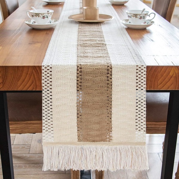 1 stk. 30 × 180 cm (Khaki) Bomuldslinned Bordløber, Khaki Boho Cro