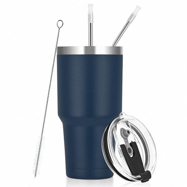 Blue, coffee isothermal cup, stainless steel reusable, 2 straws a