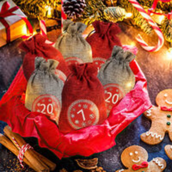 24 stk. (rød grå) julejutepose, DIY-juteposer til adventskalender