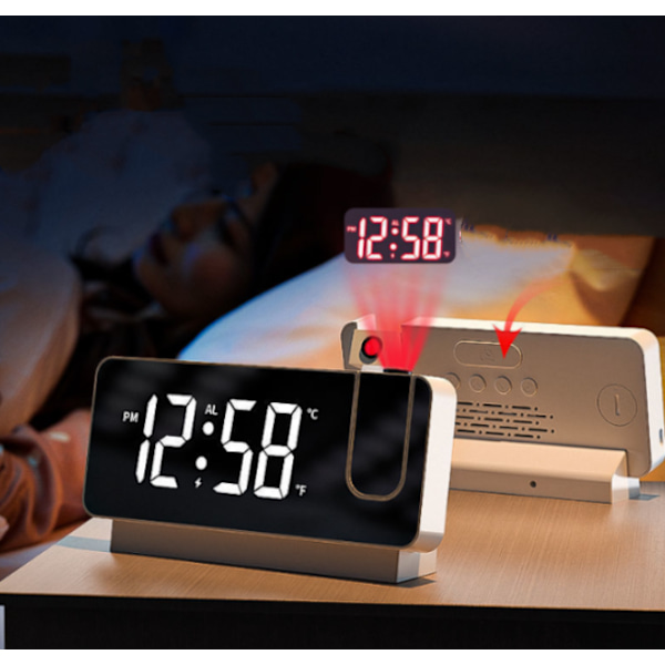 Vit projektionsväckarklocka, väckarklocka+tidsvisning, snooze, 1