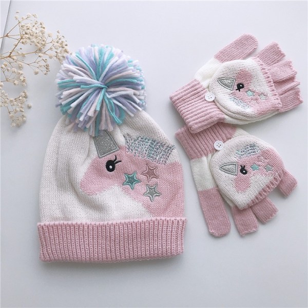 Barnebrodert lue og hanske sett vinter pompom lue lue myk W