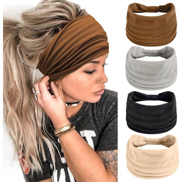 4-pack pannband för kvinnor, breda hårband för flickor, elastiska yogaband